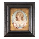 A portrait miniature on ivory depicting a young girl wearing a dress with a white ruff, framed &