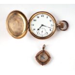 A gold plated full hunter pocket watch, the white enamel dial with Arabic numerals and subsidiary