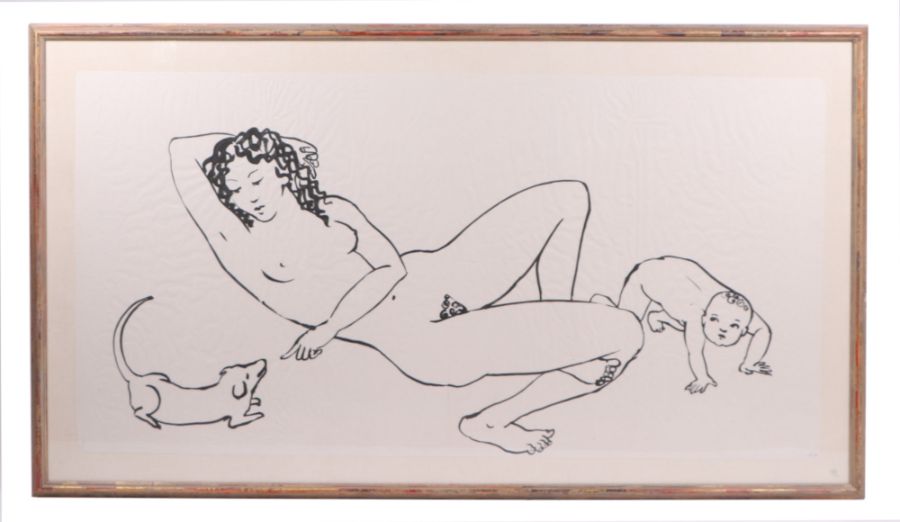 A large black & white study of a reclining nude with crawling baby, monogrammed and dated '94