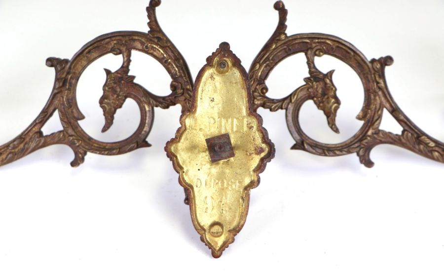 A pair of 19th century French L. Pinet gilt metal twin-arm piano sconces decorated with green man - Image 2 of 3