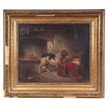 19th century school - Study of a Dog Watching over a Baby in a Crib - oil on canvas, framed, 30 by