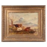 Victorian school - Cattle Grazing Beside a River - oil on canvas, framed, 40 by 30cms.