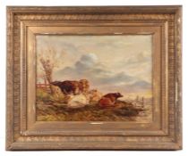 Victorian school - Cattle Grazing Beside a River - oil on canvas, framed, 40 by 30cms.