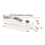 A quantity of assorted silver and costume jewellery to include a silver and niello panel bracelet; a