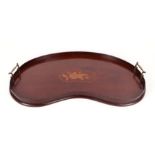An Edwardian kidney shaped inlaid mahogany two-handled tray, 58cms wide.