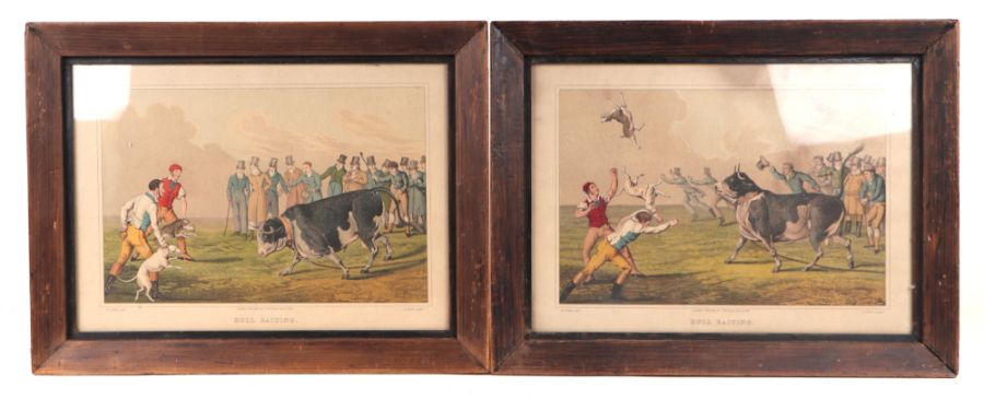 After Alken - a pair of 19th century coloured engravings depicting bull baiting, framed & glazed,