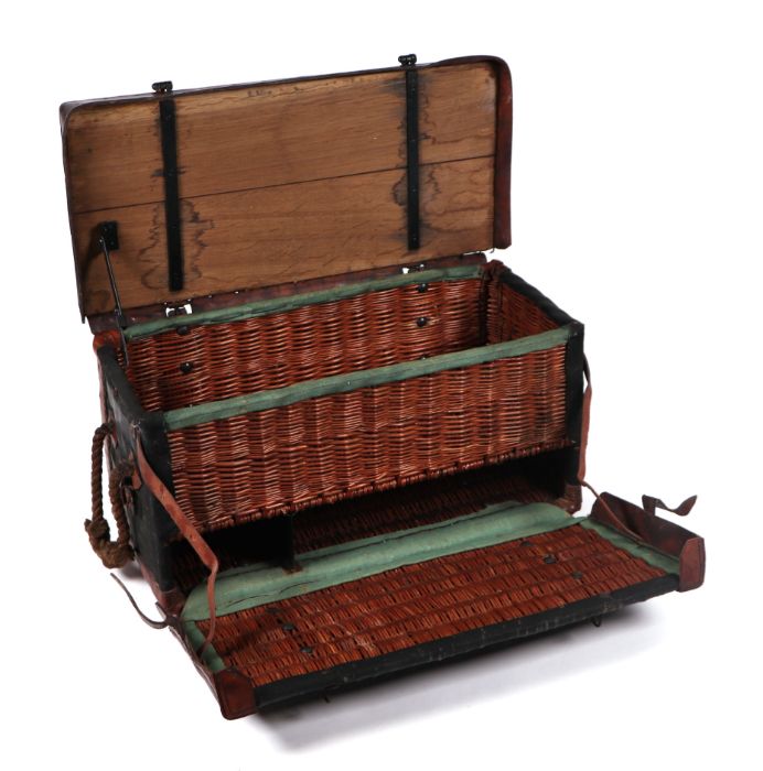 A WWII Red Cross Military wicker canvas and leather covered pannier / basket with traces of original