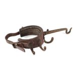 A late 19th / early 20th century Securem Campaign leather and brass tent pole clothes hook,
