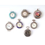 A group of silver cased fob watches including enamel examples together with watches and watch cases.