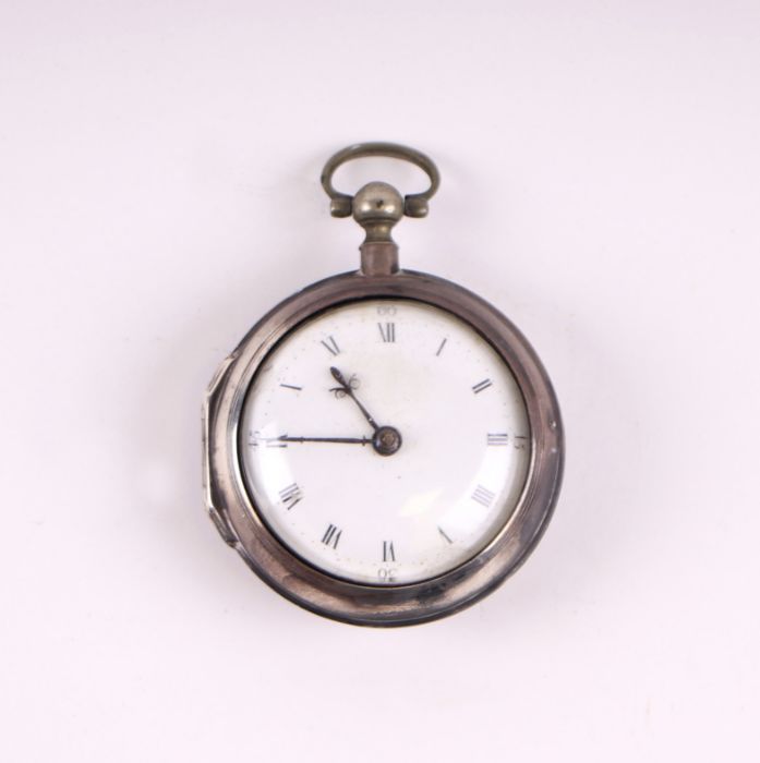 A George III silver pair cased pocket watch, the white enamel dial with Roman numerals and fitted