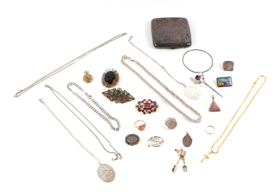 A quantity of assorted costume jewellery to include bracelets, brooches, silver cigarette case and