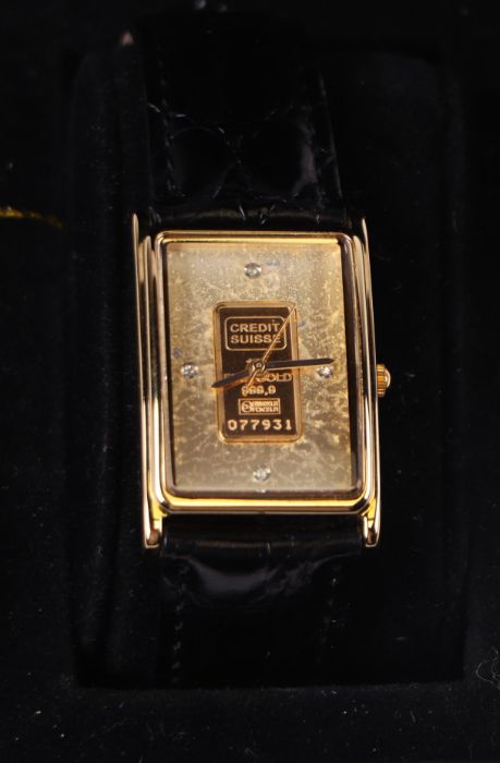 A Credit Suisse Gold Ingot gentleman's wristwatch, the rectangular dial inset with a 1g gold