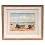 Late 19th century school - Two Rowing Boats on a Beach - watercolour, framed & glazed, 18 by 13cms.