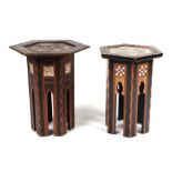 Two inlaid Moroccan occasional tables of hexagonal form, the largest 37cms wide (2).