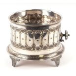 An unusual Victorian silver plated rise-and-fall stand, possibly a cheese stand, 20cms diameter,