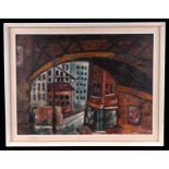 M Edwards - Industrial Street Scene Viewed Through the Arch of a Bridge - oil on board, signed &