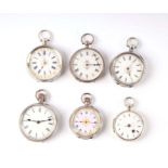 A group of silver cased open face fob watches (6)