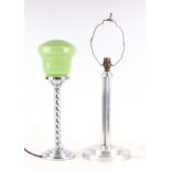 An Art Deco chrome table lamp with barley twist column and green glass shade, 43cm high; together