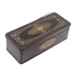A 19th century French boulle work pen box, 27cms wide.