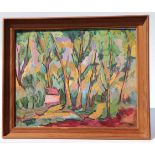 20th century school - Woodland Scene with a Cottage - oil on board, framed, 49 by 40cms.