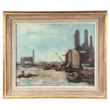 20th century school - Industrial River Scene with Factory and Boats - oil on board, framed & glazed,