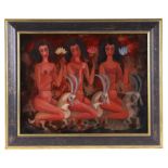 Joze Ciuha (Slovenian 1924-205) - Study of Three Female Nudes Riding Horned Goats - signed upper
