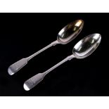 A matched pair of early Victorian silver fiddle pattern tablespoons, London 1847 and 1855, with