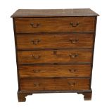 A large early 19th century mahogany chest of five graduated long drawers, on bracket feet, 118cm