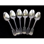A matched set of six late Victorian silver fiddle pattern dessert spoons, various dates and