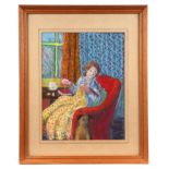 Carol Rothwell (?) (modern British) - Lady Seated with a Pug Dog - pastel, framed & glazed, 21 by