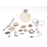 A silver topped cut glass scent bottle; together with a silver vesta case; a Marsh Arab ware