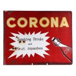 A Corona Sparkling Drinks and Fruit Squashes double sided pictorial enamel sign, 36 by 28cms.