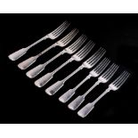 Eight 19th century silver table forks, various dates and makers marks, 549g.