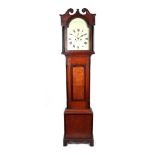 A longcase clock, the 30cm square arched painted dial with Roman numerals, subsidiary seconds dial