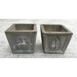 A pair of reconstituted stone square planters, each 36cm wide (2).