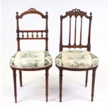 A pair of 19th century mahogany bedroom chairs with upholstered seats, on turned reeded front