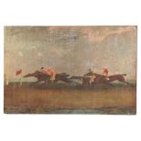 Horseracing interest: An 18th century style overpainted print depicting a horse race with four