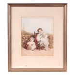 A Regency study of three young children seated on terrace, watercolour, framed & glazed, 18 by