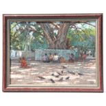 Burmese school - Figures Seated in a Village with Chickens in the Foreground - initialled 'WPN'