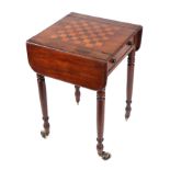 A Victorian mahogany drop-flap games table with chess board top, on turned legs, 48cm wide.