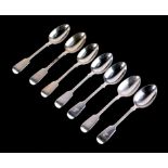 Seven George IV silver tablespoons engraved with a family crest, London 1821, 342g.