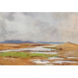 20th century school - Coastal Estuary Scene with Boat at Low Tide - oil on canvas, framed, 50 by