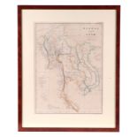 Weller (Edward) a hand coloured map of Burmah, Siam and Amman, framed & glazed, 26 by 35cms.