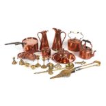 A Victorian copper saucepan, copper kettles, jugs and other copper & brass items.