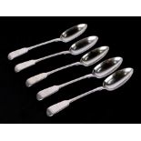 A set of five early Victorian silver fiddle pattern tablespoons, London 1855, with armorials, 400g.