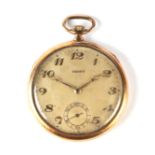 A gold plated Tempo open faced pocket watch with Arabi numerals and subsidiary seconds dial.