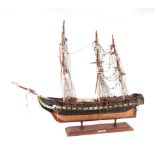 A model of a three-masted ship, 'US Constitution', mounted on a stand, 61cms long.