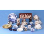 A group of cabinet cups and saucers to include Wedgwood, a blue & white pickle dish, continental