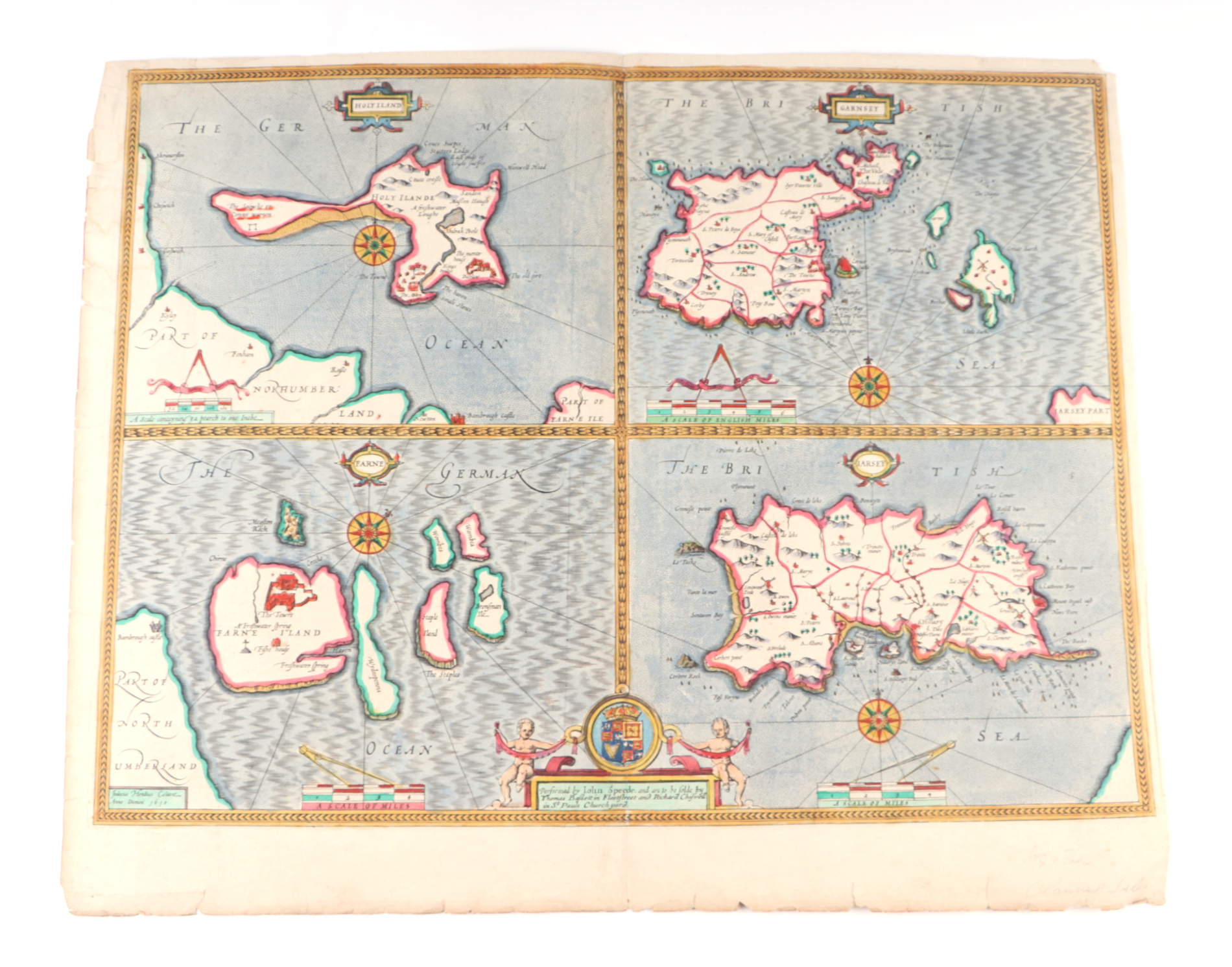 John Speed (1552-1629) - The British Islands - four engraved maps on one sheet of Holy Island,
