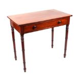 A Victorian mahogany side table with single frieze drawer, on ring turned tapering legs, 88cms